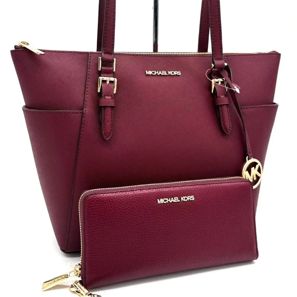 Michael Kors Large Charlotte TZ Tote Bag & Large Continental Wallet Dark Cherry - Picture 1 of 13